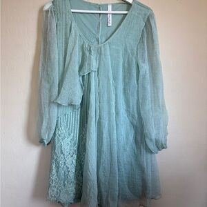 Pretty Angel Light Green Pistachio Tunic Sheer Long Sleeve Dress Lace Fairy